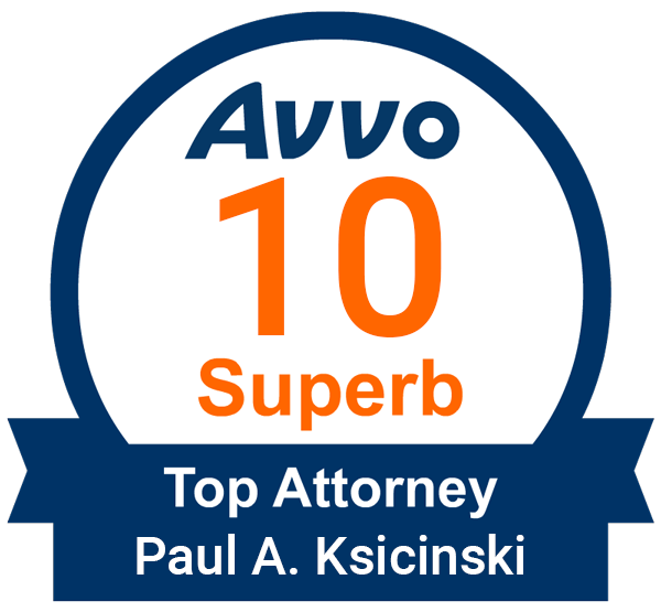 A badge that says avvo 10 superb top attorney paul a. ksicinski