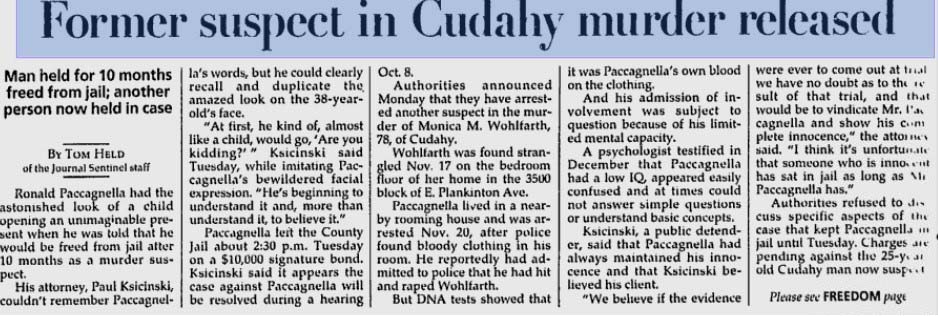 Journal Sentinel article detailing release of former suspect in Cudahy murder