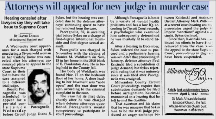 Journal Sentinel article detailing appeal for new judge in murder case